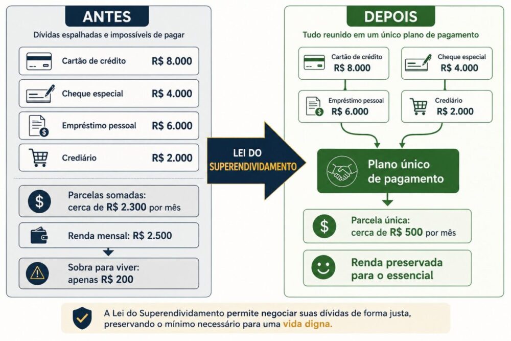 Infográfico comparando a situação de dívidas antes e depois da renegociação pela Lei do Superendividamento — exemplo de quatro dívidas reunidas em um plano único de pagamento.