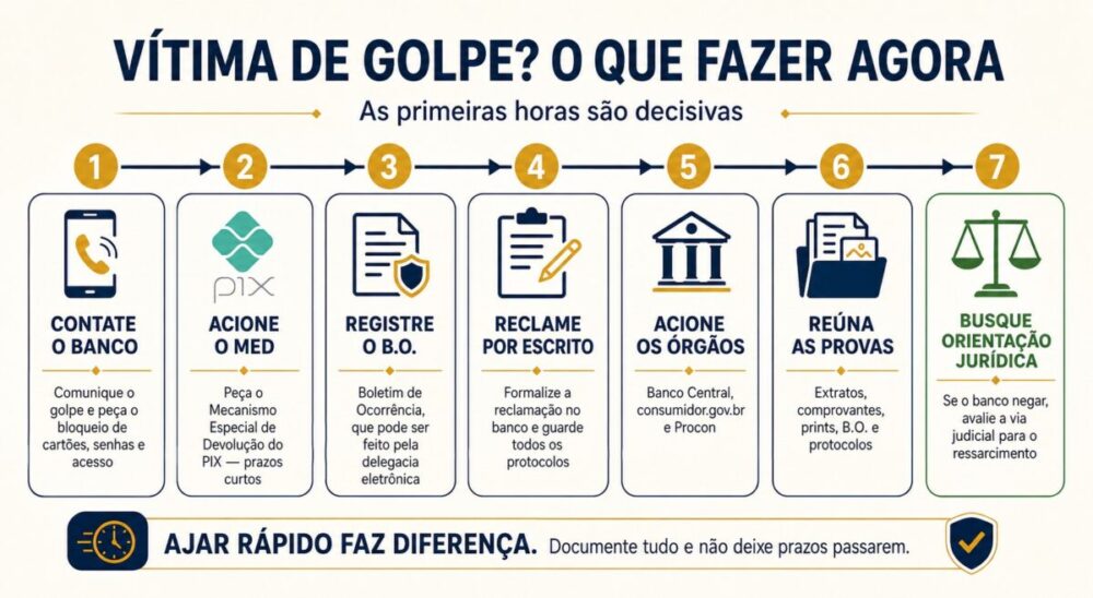 Infográfico com o passo a passo do que fazer após ser vítima de um golpe digital — sete etapas, do contato com o banco à orientação jurídica