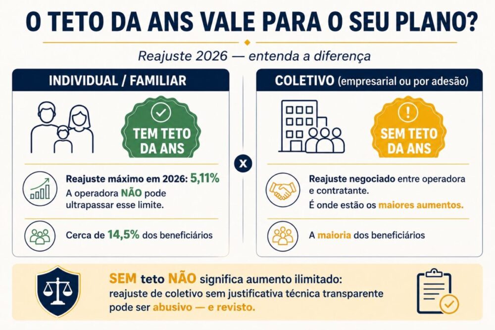 Infográfico comparando planos de saúde individuais/familiares, que têm teto de reajuste da ANS de 5,11% em 2026, e planos coletivos, que não têm teto e concentram os maiores aumentos.