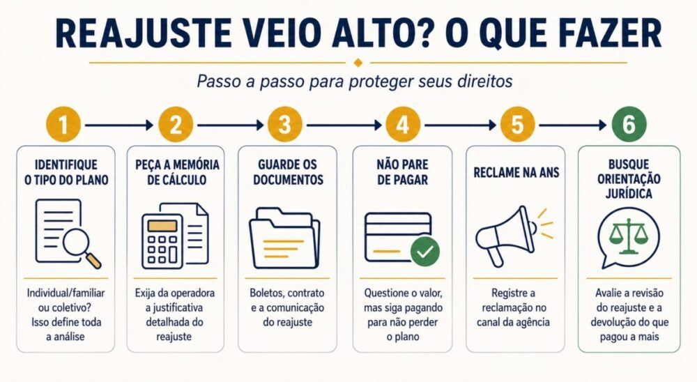 Infográfico com o passo a passo do que fazer ao receber um reajuste abusivo do plano de saúde — seis etapas, da identificação do tipo de plano à orientação jurídica.
