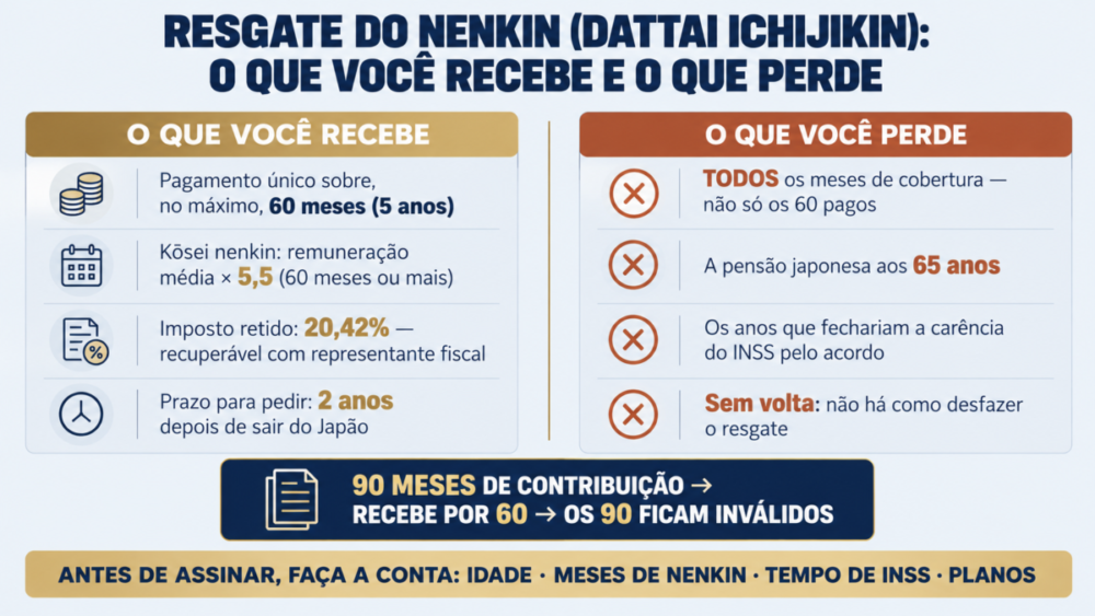 Infográfico em duas colunas sobre o resgate do nenkin (dattai ichijikin): à esquerda, o que se recebe — pagamento único sobre no máximo 60 meses, cálculo da parcela do kōsei nenkin pela remuneração média vezes 5,5, imposto retido de 20,42% recuperável com representante fiscal e prazo de 2 anos após sair do Japão; à direita, o que se perde — todos os meses de cobertura, a pensão japonesa aos 65 anos, os anos que fechariam a carência do INSS pelo acordo e a impossibilidade de desfazer o resgate; no centro, o exemplo oficial de 90 meses que ficam inválidos após receber por 60.